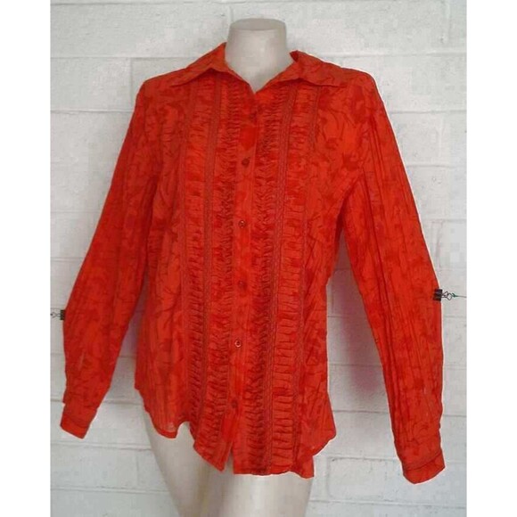 CHICO'S 2 Large Orange Tone On Tone Floral Tucked Detailing Lightweight Shirt - Picture 1 of 3